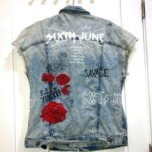 Sixth June Denim Vest with Rose Embroidery